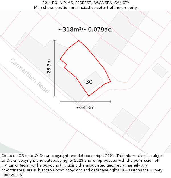 30, HEOL Y PLAS, FFOREST, SWANSEA, SA4 0TY: Plot and title map