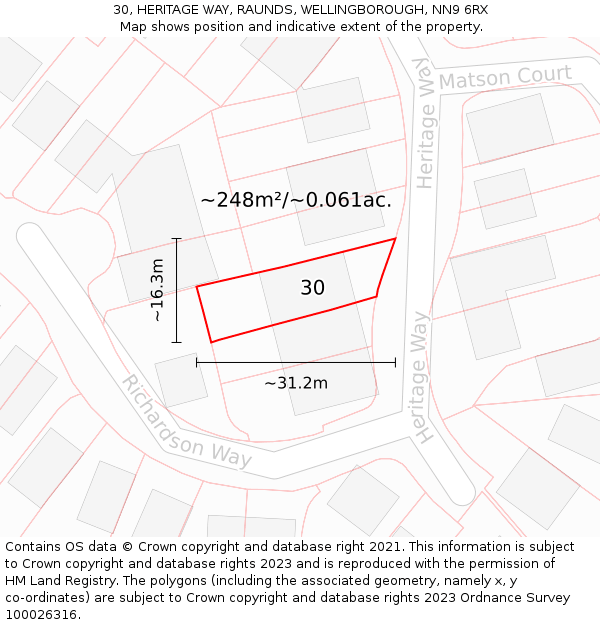 30, HERITAGE WAY, RAUNDS, WELLINGBOROUGH, NN9 6RX: Plot and title map