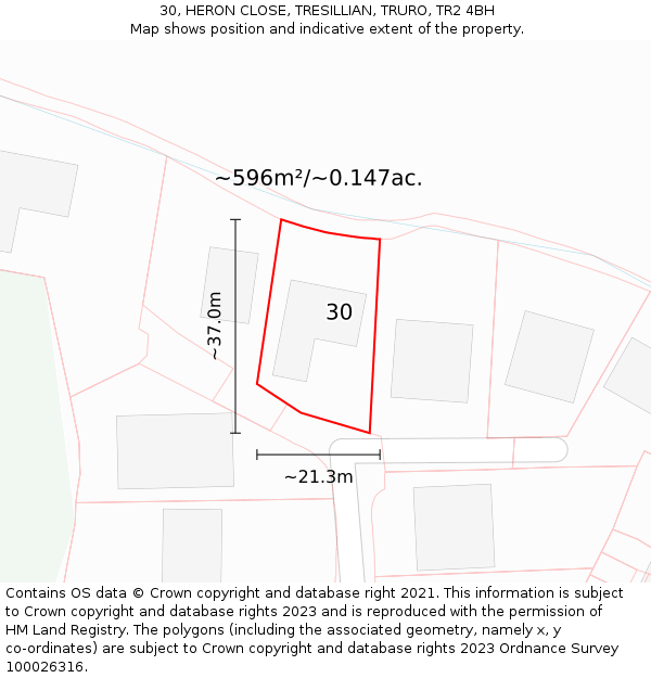 30, HERON CLOSE, TRESILLIAN, TRURO, TR2 4BH: Plot and title map