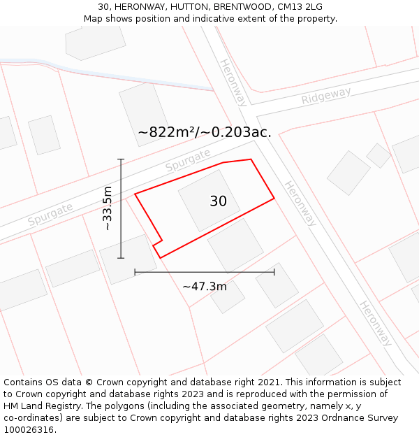 30, HERONWAY, HUTTON, BRENTWOOD, CM13 2LG: Plot and title map