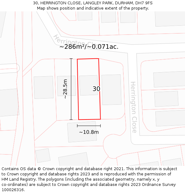 30, HERRINGTON CLOSE, LANGLEY PARK, DURHAM, DH7 9FS: Plot and title map