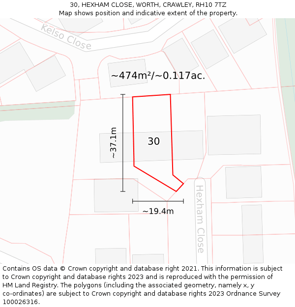 30, HEXHAM CLOSE, WORTH, CRAWLEY, RH10 7TZ: Plot and title map