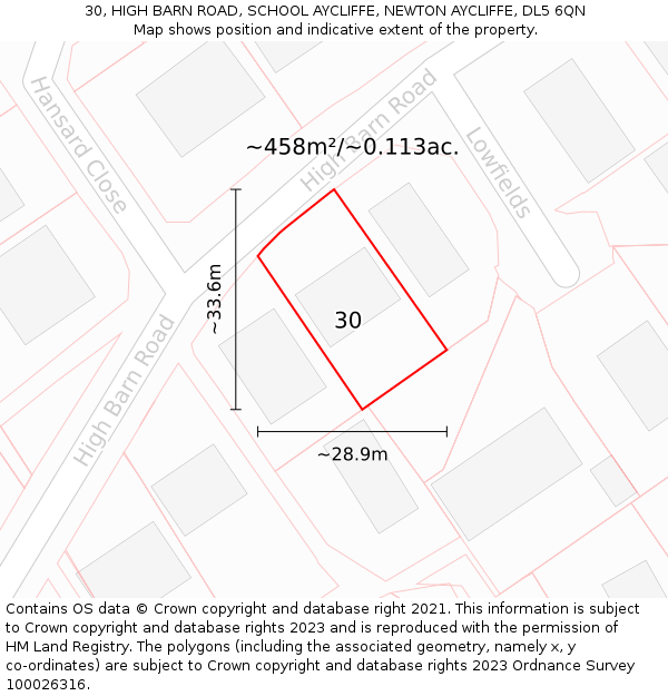 30, HIGH BARN ROAD, SCHOOL AYCLIFFE, NEWTON AYCLIFFE, DL5 6QN: Plot and title map