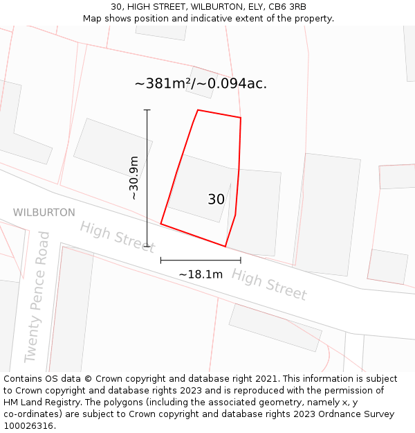 30, HIGH STREET, WILBURTON, ELY, CB6 3RB: Plot and title map