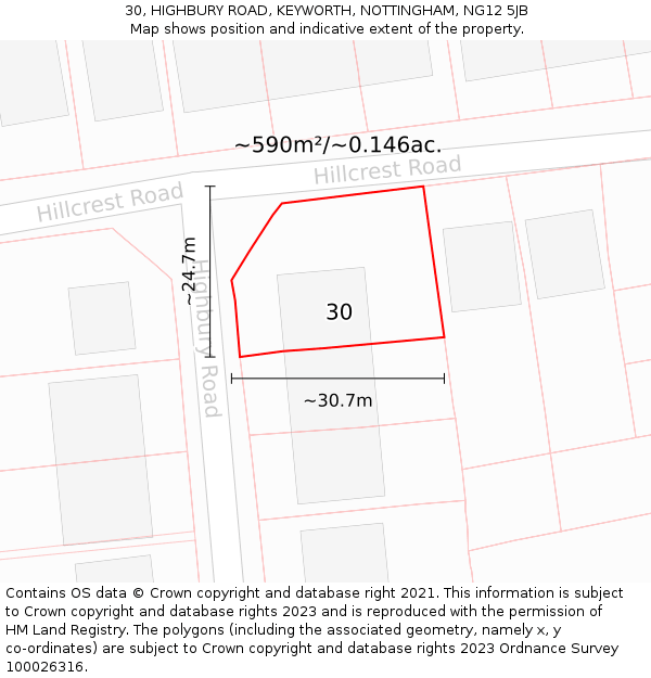 30, HIGHBURY ROAD, KEYWORTH, NOTTINGHAM, NG12 5JB: Plot and title map