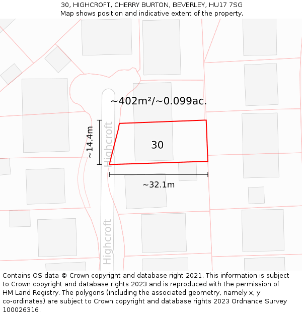 30, HIGHCROFT, CHERRY BURTON, BEVERLEY, HU17 7SG: Plot and title map