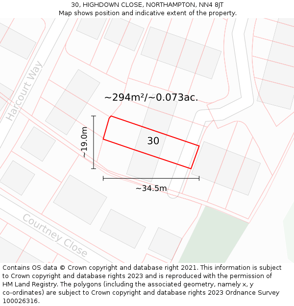 30, HIGHDOWN CLOSE, NORTHAMPTON, NN4 8JT: Plot and title map