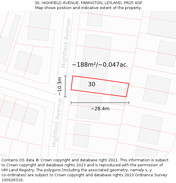 30, HIGHFIELD AVENUE, FARINGTON, LEYLAND, PR25 4GP: Plot and title map