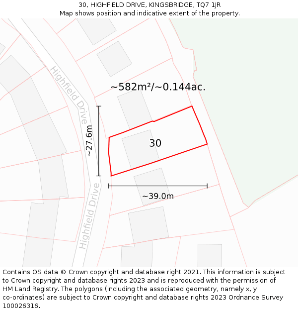 30, HIGHFIELD DRIVE, KINGSBRIDGE, TQ7 1JR: Plot and title map