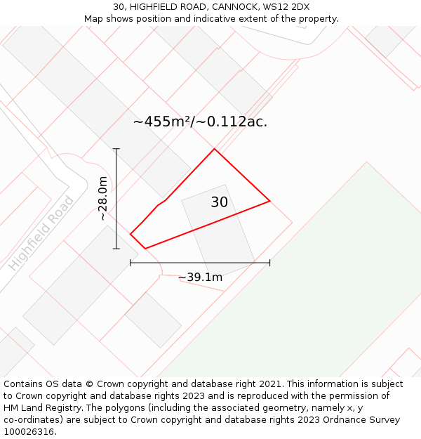 30, HIGHFIELD ROAD, CANNOCK, WS12 2DX: Plot and title map