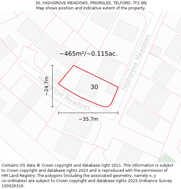 30, HIGHGROVE MEADOWS, PRIORSLEE, TELFORD, TF2 9RJ: Plot and title map