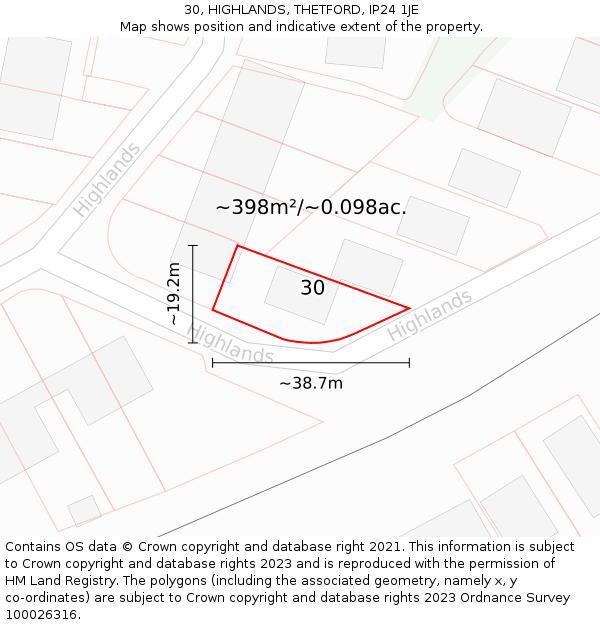 30, HIGHLANDS, THETFORD, IP24 1JE: Plot and title map