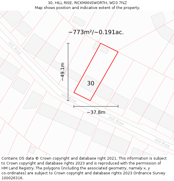 30, HILL RISE, RICKMANSWORTH, WD3 7NZ: Plot and title map