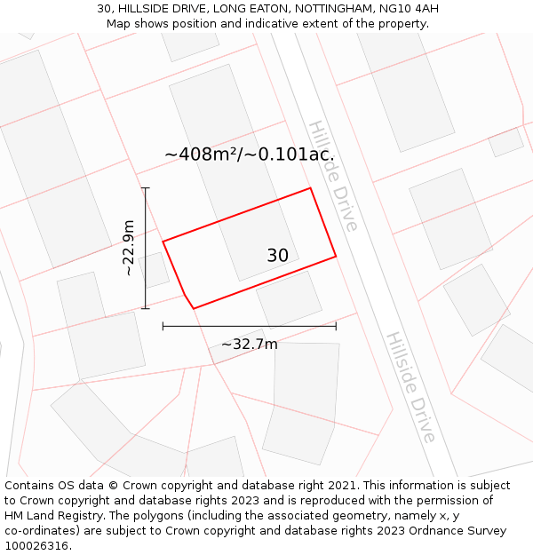 30, HILLSIDE DRIVE, LONG EATON, NOTTINGHAM, NG10 4AH: Plot and title map