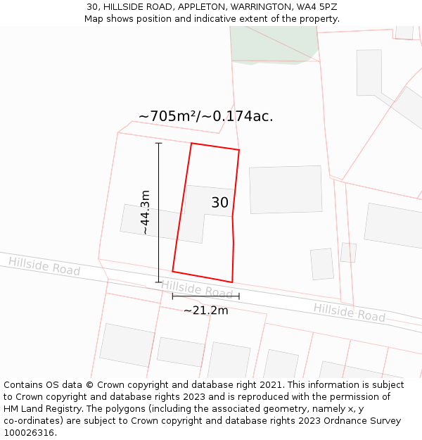 30, HILLSIDE ROAD, APPLETON, WARRINGTON, WA4 5PZ: Plot and title map