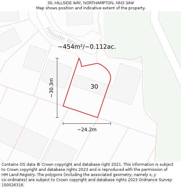 30, HILLSIDE WAY, NORTHAMPTON, NN3 3AW: Plot and title map