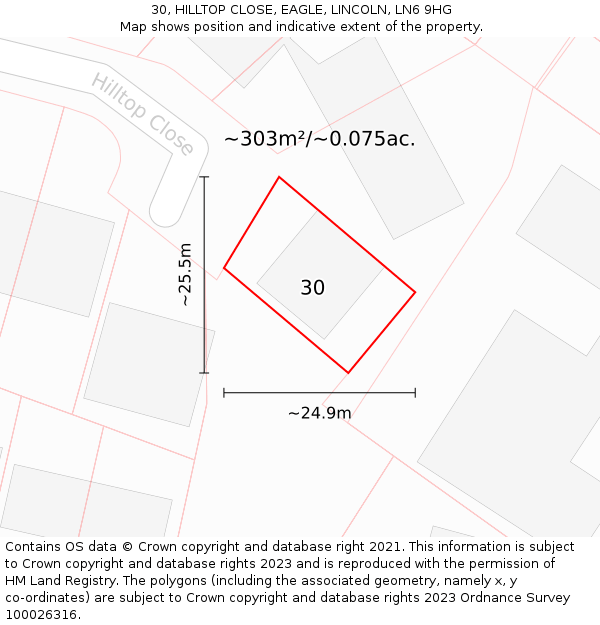 30, HILLTOP CLOSE, EAGLE, LINCOLN, LN6 9HG: Plot and title map