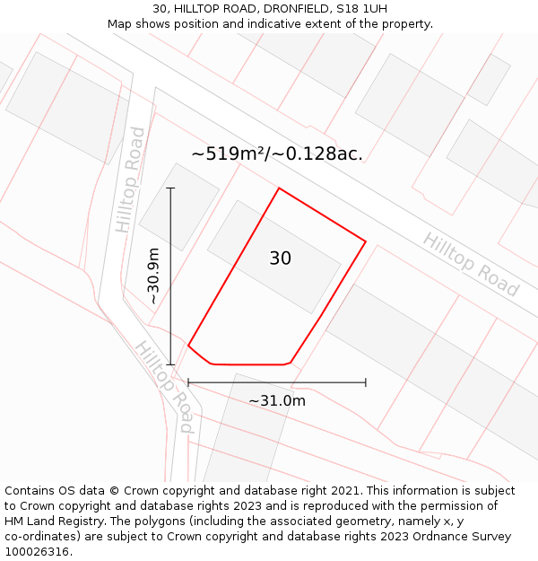 30, HILLTOP ROAD, DRONFIELD, S18 1UH: Plot and title map