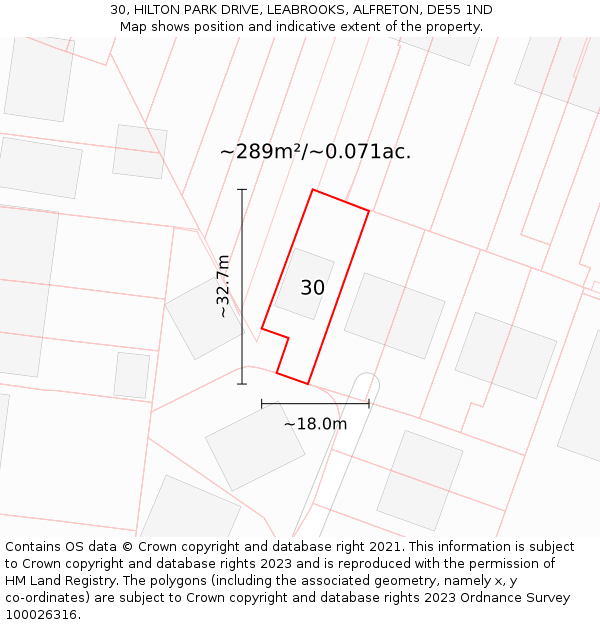 30, HILTON PARK DRIVE, LEABROOKS, ALFRETON, DE55 1ND: Plot and title map