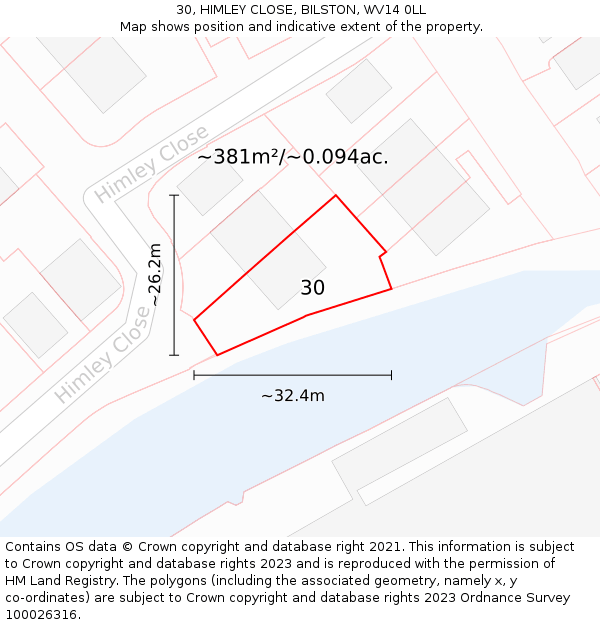 30, HIMLEY CLOSE, BILSTON, WV14 0LL: Plot and title map