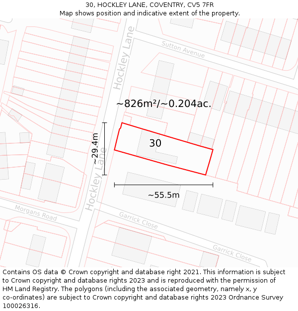 30, HOCKLEY LANE, COVENTRY, CV5 7FR: Plot and title map