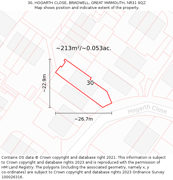 30, HOGARTH CLOSE, BRADWELL, GREAT YARMOUTH, NR31 9QZ: Plot and title map