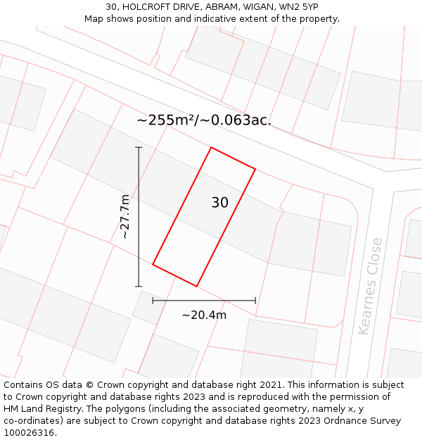 30, HOLCROFT DRIVE, ABRAM, WIGAN, WN2 5YP: Plot and title map