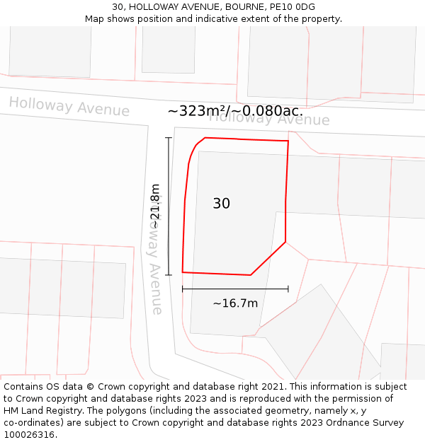 30, HOLLOWAY AVENUE, BOURNE, PE10 0DG: Plot and title map