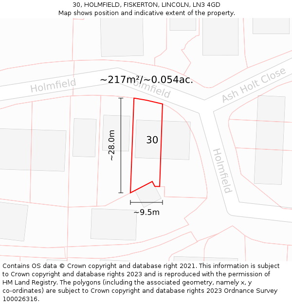 30, HOLMFIELD, FISKERTON, LINCOLN, LN3 4GD: Plot and title map