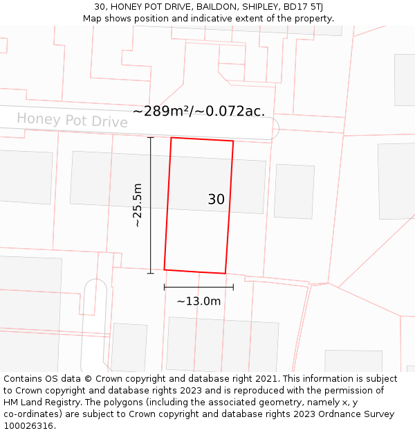 30, HONEY POT DRIVE, BAILDON, SHIPLEY, BD17 5TJ: Plot and title map