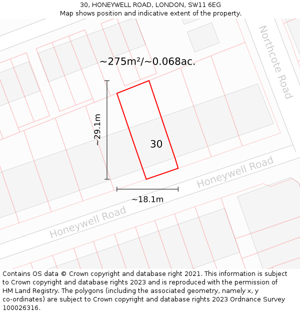 30, HONEYWELL ROAD, LONDON, SW11 6EG: Plot and title map