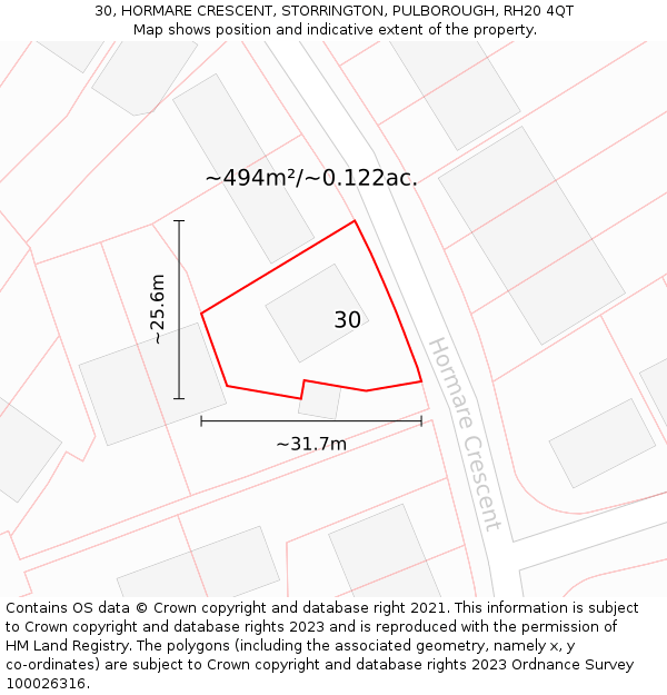 30, HORMARE CRESCENT, STORRINGTON, PULBOROUGH, RH20 4QT: Plot and title map