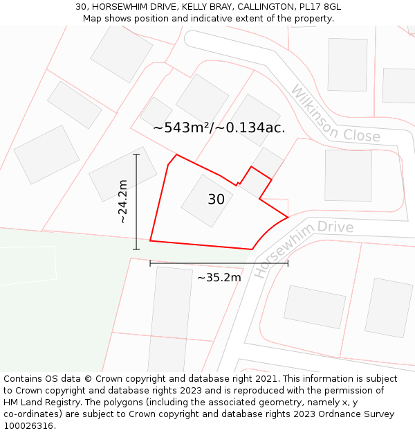 30, HORSEWHIM DRIVE, KELLY BRAY, CALLINGTON, PL17 8GL: Plot and title map