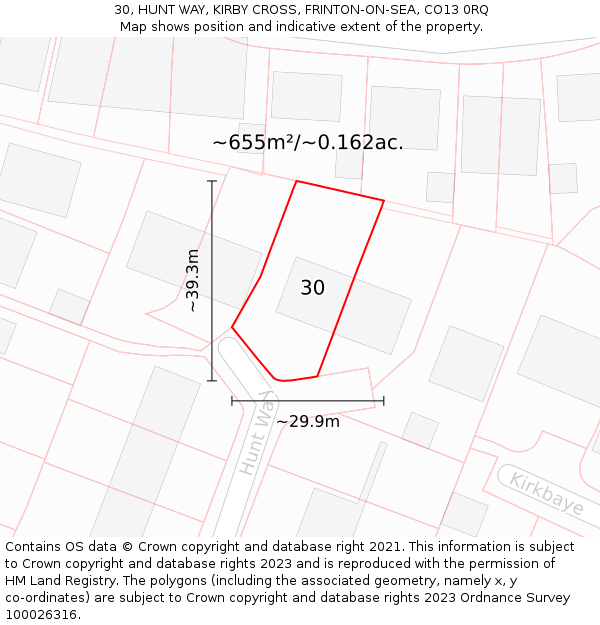 30, HUNT WAY, KIRBY CROSS, FRINTON-ON-SEA, CO13 0RQ: Plot and title map