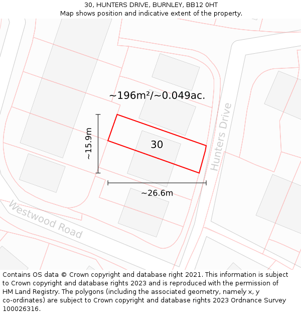 30, HUNTERS DRIVE, BURNLEY, BB12 0HT: Plot and title map