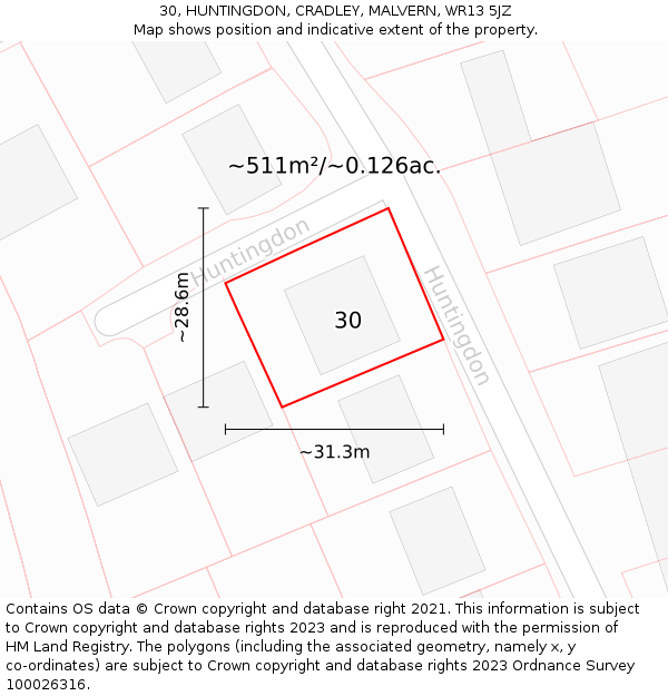 30, HUNTINGDON, CRADLEY, MALVERN, WR13 5JZ: Plot and title map