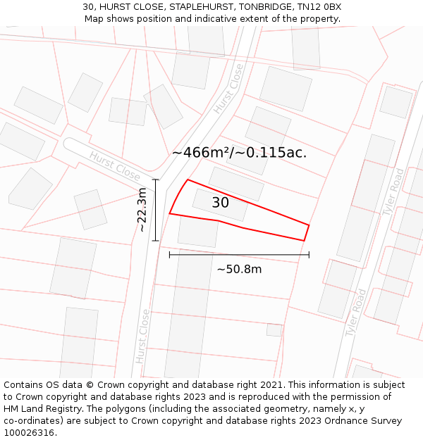 30, HURST CLOSE, STAPLEHURST, TONBRIDGE, TN12 0BX: Plot and title map