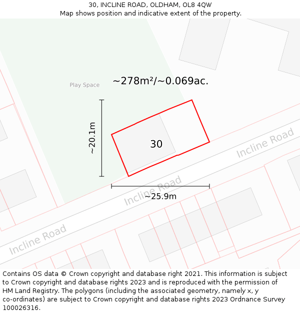 30, INCLINE ROAD, OLDHAM, OL8 4QW: Plot and title map