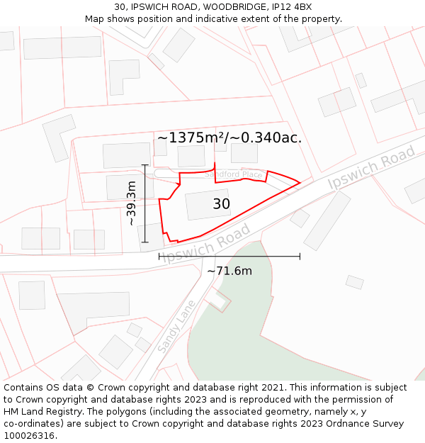 30, IPSWICH ROAD, WOODBRIDGE, IP12 4BX: Plot and title map