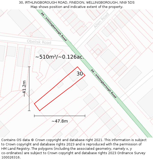 30, IRTHLINGBOROUGH ROAD, FINEDON, WELLINGBOROUGH, NN9 5DS: Plot and title map