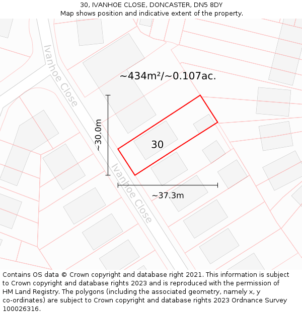 30, IVANHOE CLOSE, DONCASTER, DN5 8DY: Plot and title map