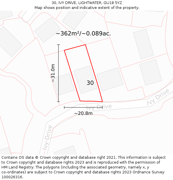 30, IVY DRIVE, LIGHTWATER, GU18 5YZ: Plot and title map