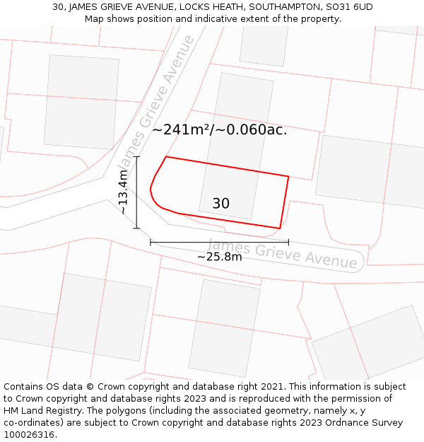 30, JAMES GRIEVE AVENUE, LOCKS HEATH, SOUTHAMPTON, SO31 6UD: Plot and title map