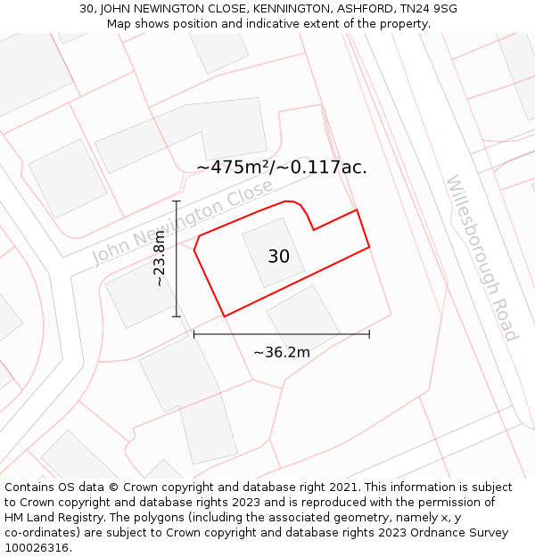 30, JOHN NEWINGTON CLOSE, KENNINGTON, ASHFORD, TN24 9SG: Plot and title map