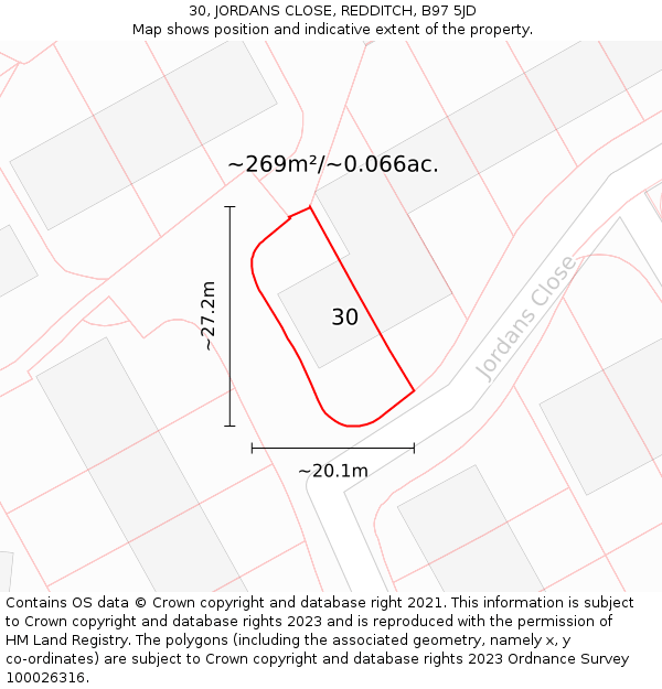 30, JORDANS CLOSE, REDDITCH, B97 5JD: Plot and title map