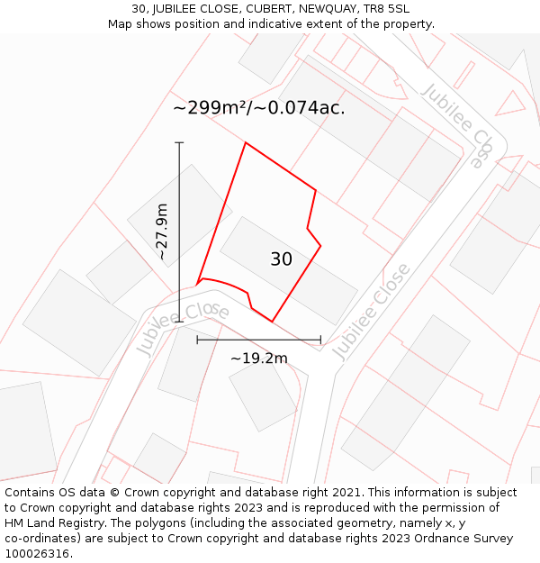 30, JUBILEE CLOSE, CUBERT, NEWQUAY, TR8 5SL: Plot and title map