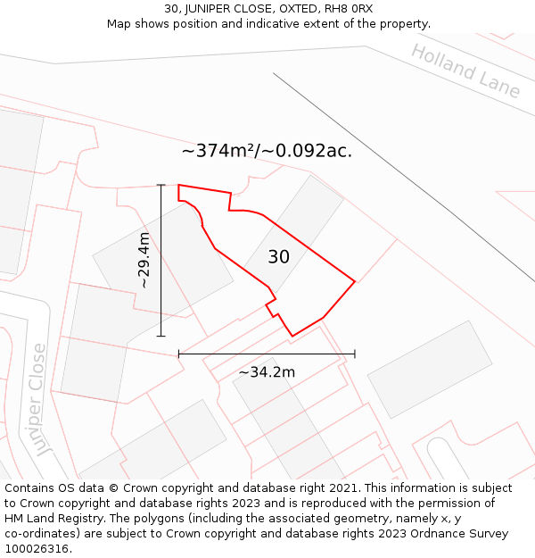 30, JUNIPER CLOSE, OXTED, RH8 0RX: Plot and title map