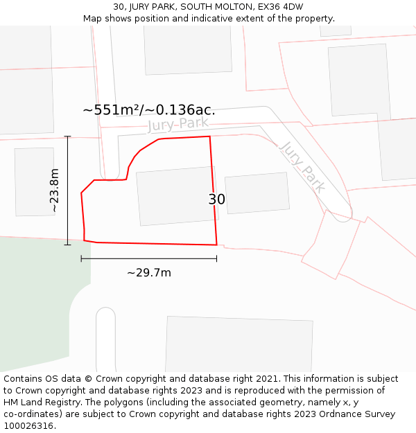 30, JURY PARK, SOUTH MOLTON, EX36 4DW: Plot and title map