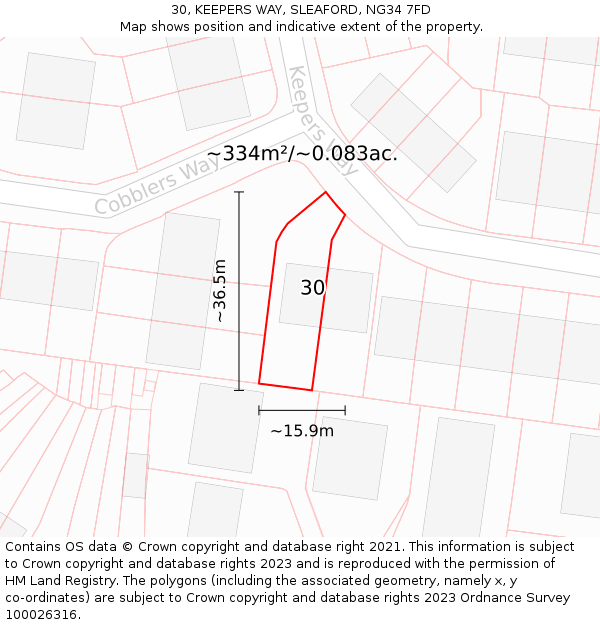 30, KEEPERS WAY, SLEAFORD, NG34 7FD: Plot and title map