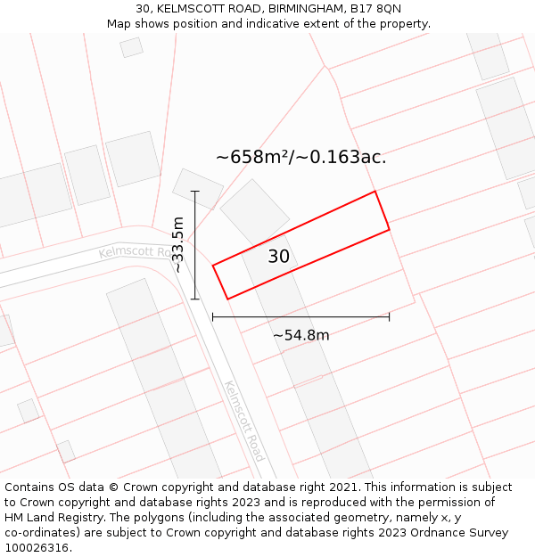 30, KELMSCOTT ROAD, BIRMINGHAM, B17 8QN: Plot and title map